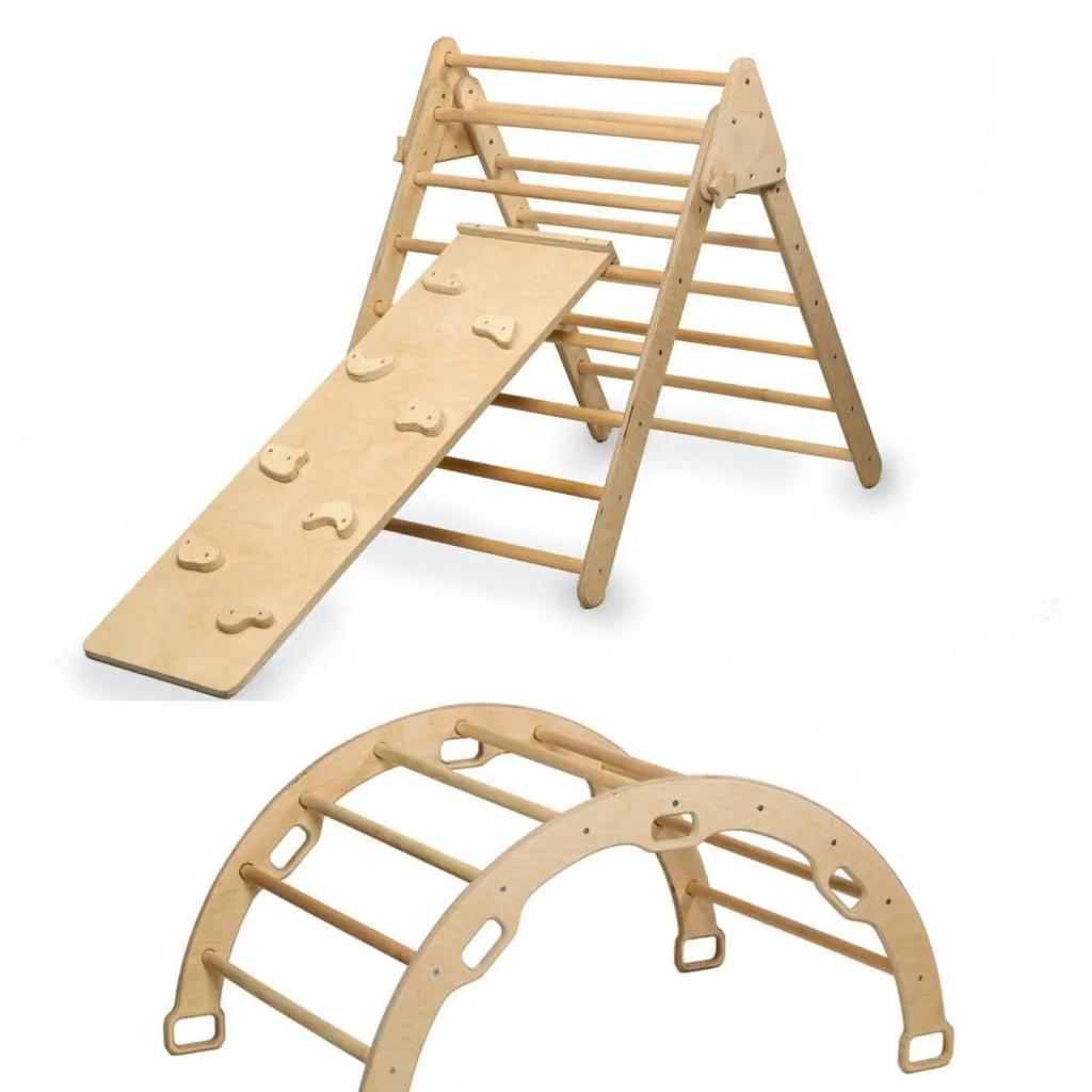 3 Pieces Montessori Climbing Set - Climbing Triangle and Climbing Arch/Rocker and  Rockwall/Slider Ramp or Ladder Slider Ramp