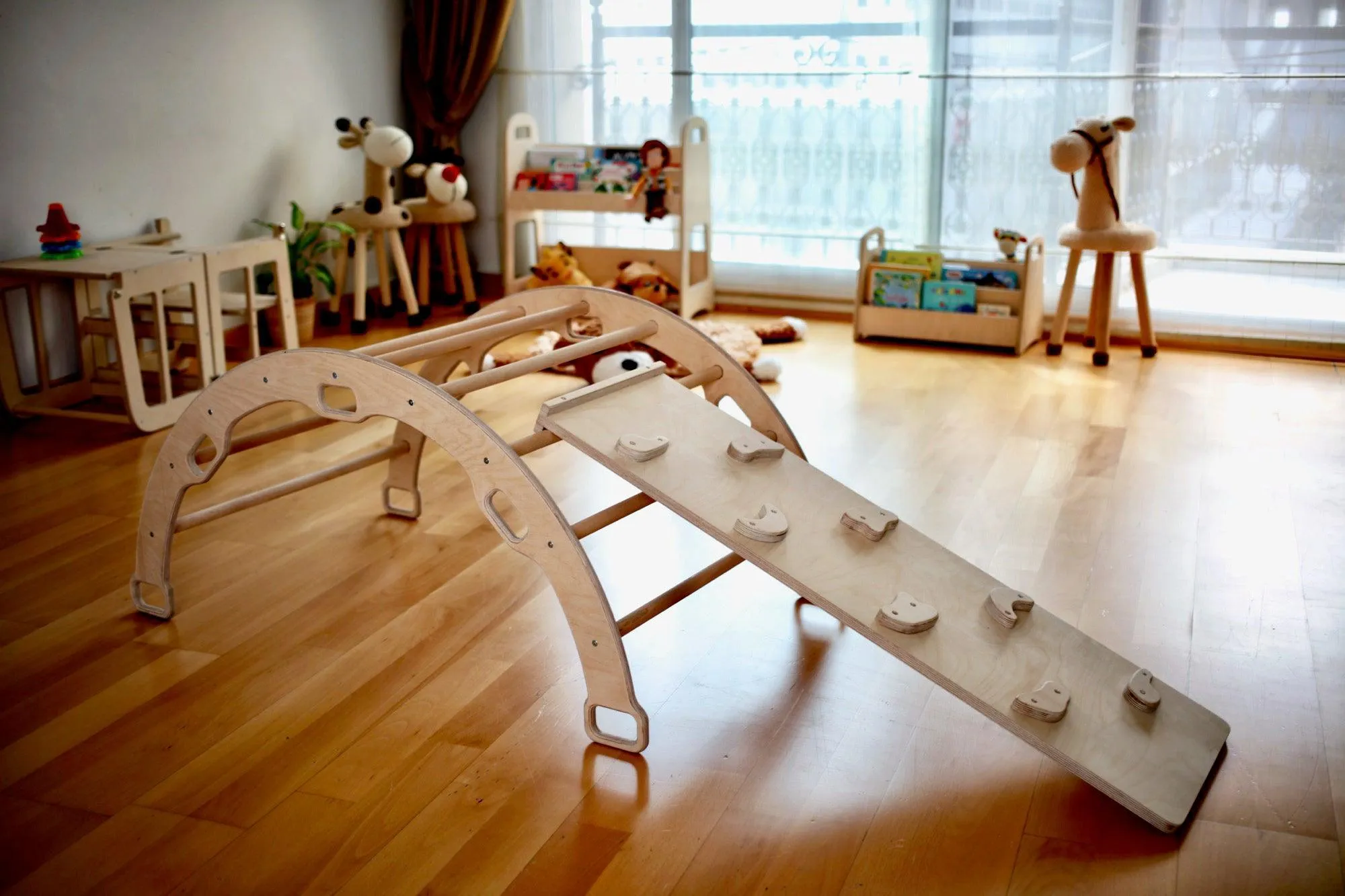 3 Pieces Montessori Climbing Set - Climbing Triangle and Climbing Arch/Rocker and  Rockwall/Slider Ramp or Ladder Slider Ramp