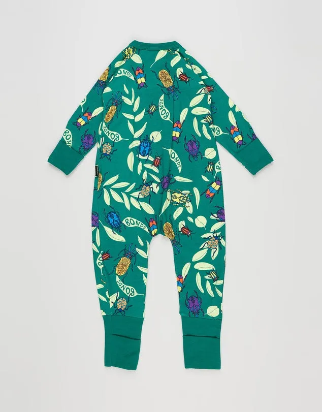 3 x Bonds Baby 2-Way Zip Wondersuit Coverall Green With Beetles