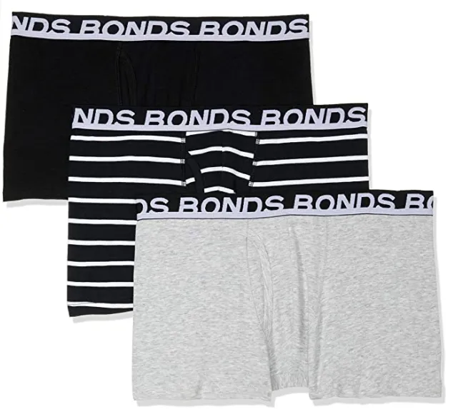 3 x Bonds Mens Everyday Trunks Underwear Black Stripe/Grey/Black