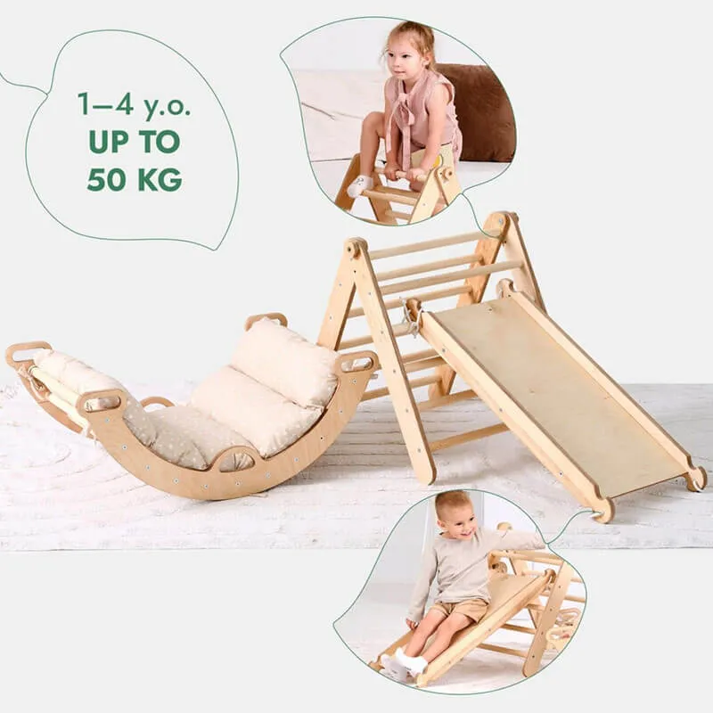 4 in 1 Toddler Climbing Set: Pikler Triangle, Climbing Arch – Beige