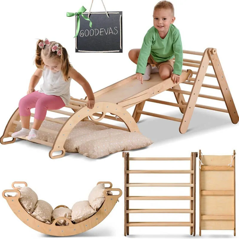 4 in 1 Toddler Climbing Set: Pikler Triangle, Climbing Arch – Beige