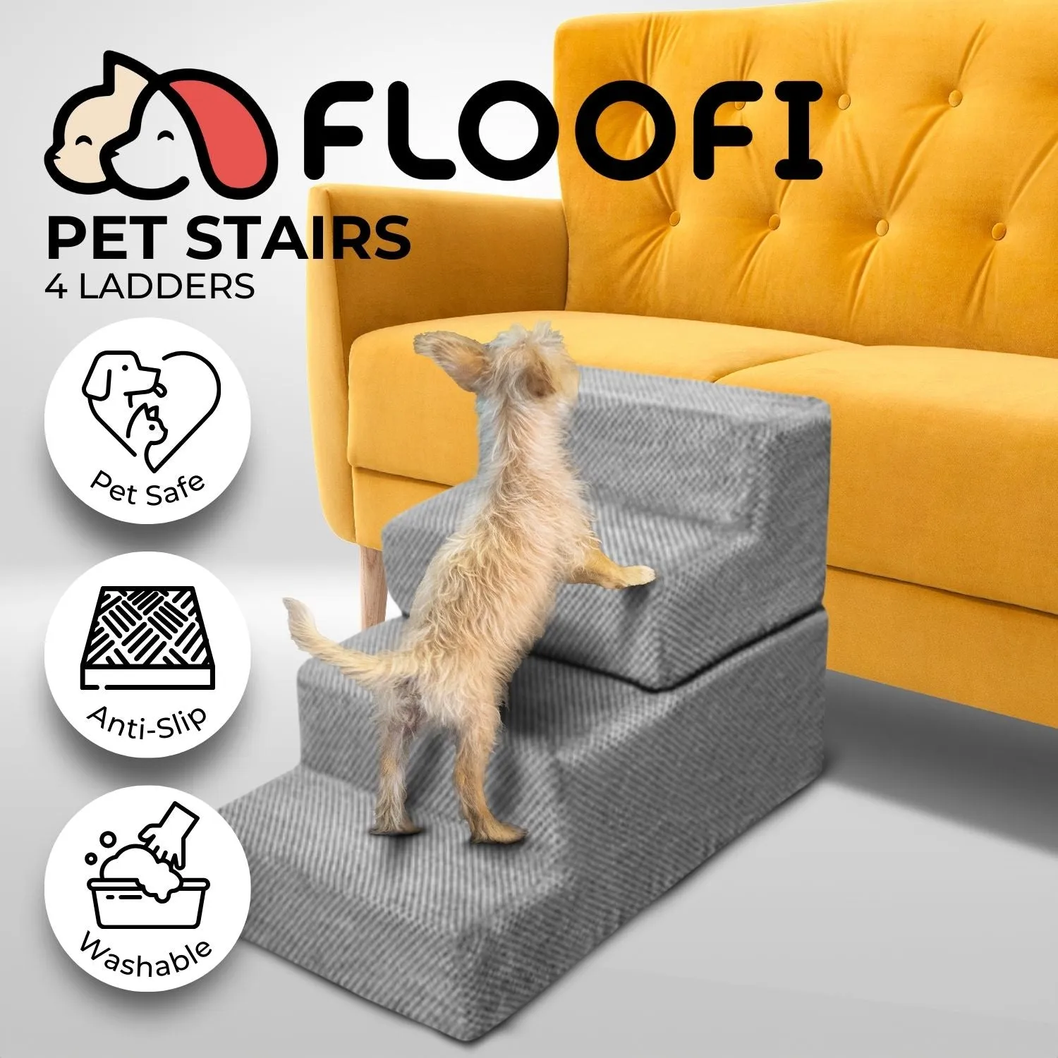 4-Step Breathable Memory Foam Pet Stairs, Washable - FLOOFI