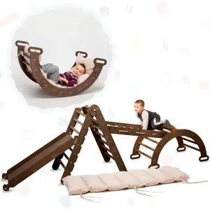 5in1 Montessori Climbing Set: Triangle Ladder   Arch/Rocker   Slide Board/Ramp   Net   Cushion – Chocolate