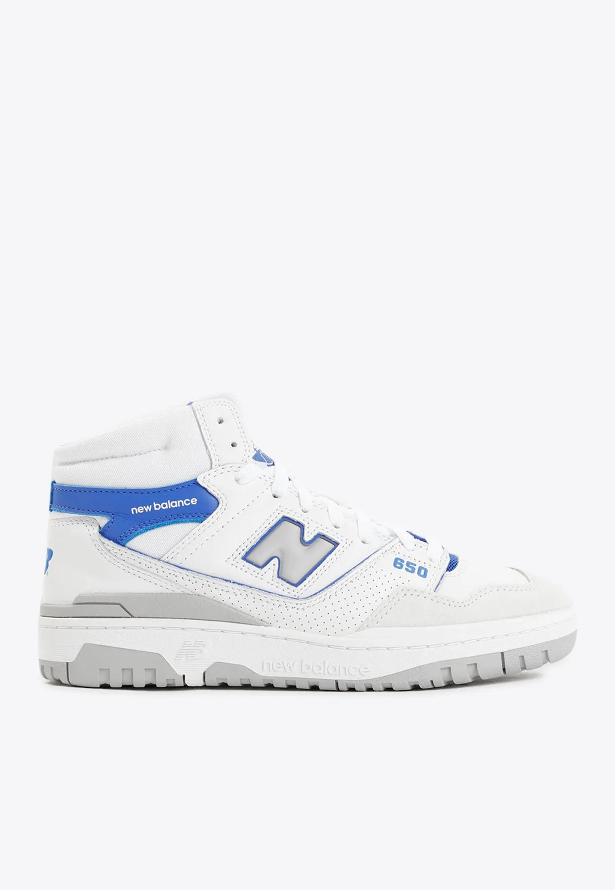 650 High-Top Sneakers in White with Marine Blue and Angora