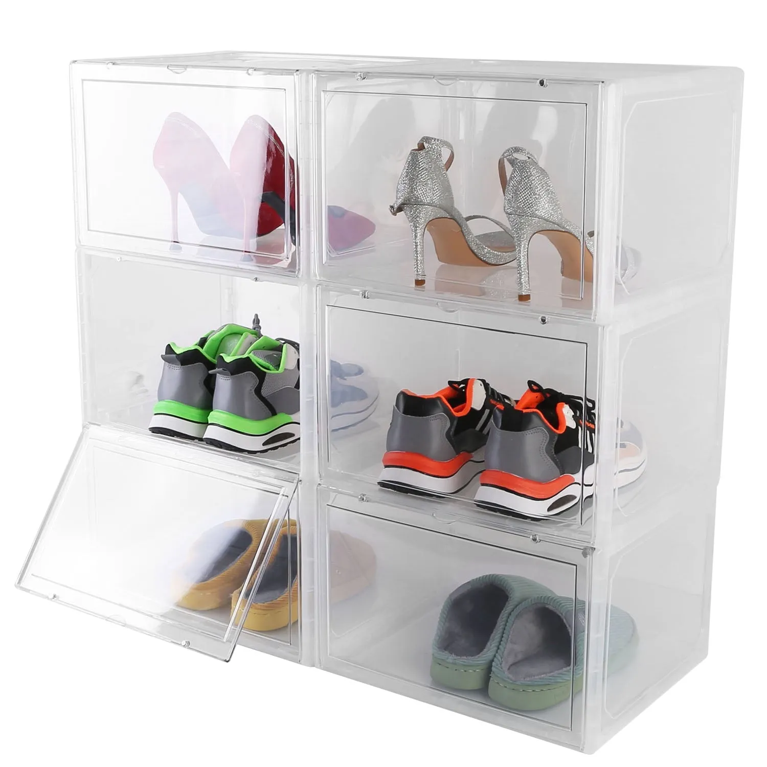 6Packs Collapsible Shoe Box Stackable Shoe Storage Bin Transparent Dustproof Hard PP Shoe Organizer Container with Magnetic Door