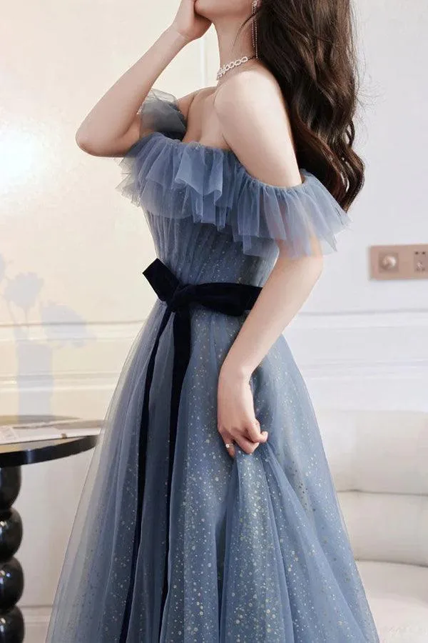 A-line Gray Blue Off The Shoulder Long Prom Dress Tulle Evening Dress PSK268