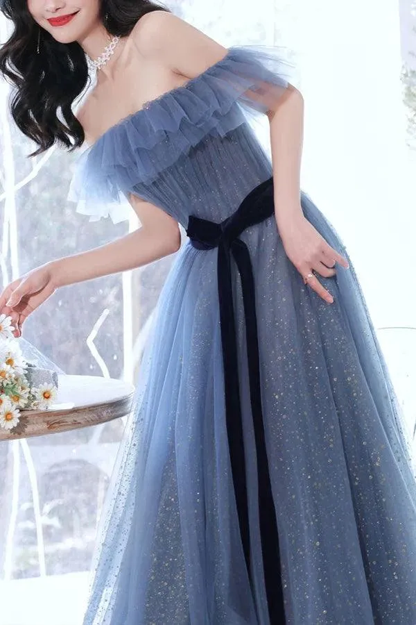 A-line Gray Blue Off The Shoulder Long Prom Dress Tulle Evening Dress PSK268