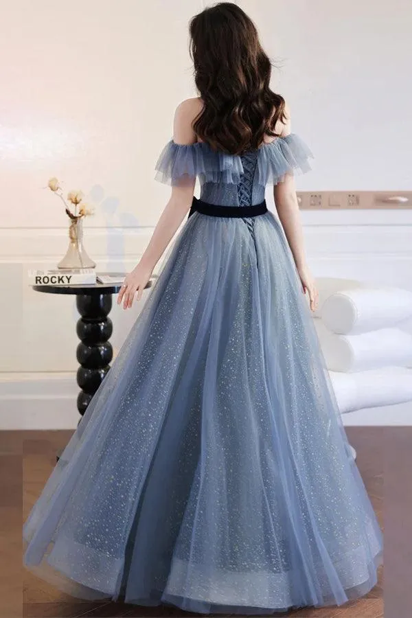 A-line Gray Blue Off The Shoulder Long Prom Dress Tulle Evening Dress PSK268