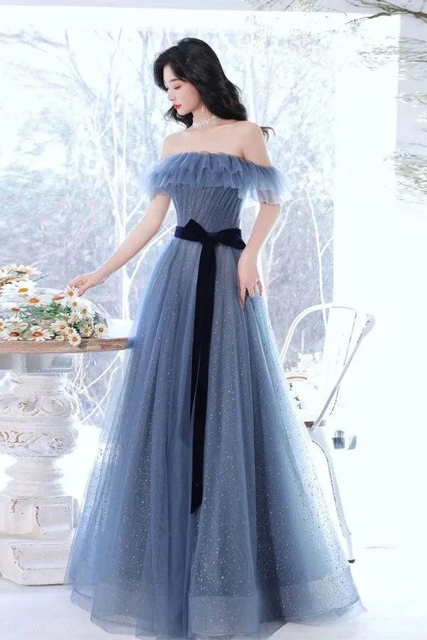 A-line Gray Blue Off The Shoulder Long Prom Dress Tulle Evening Dress PSK268