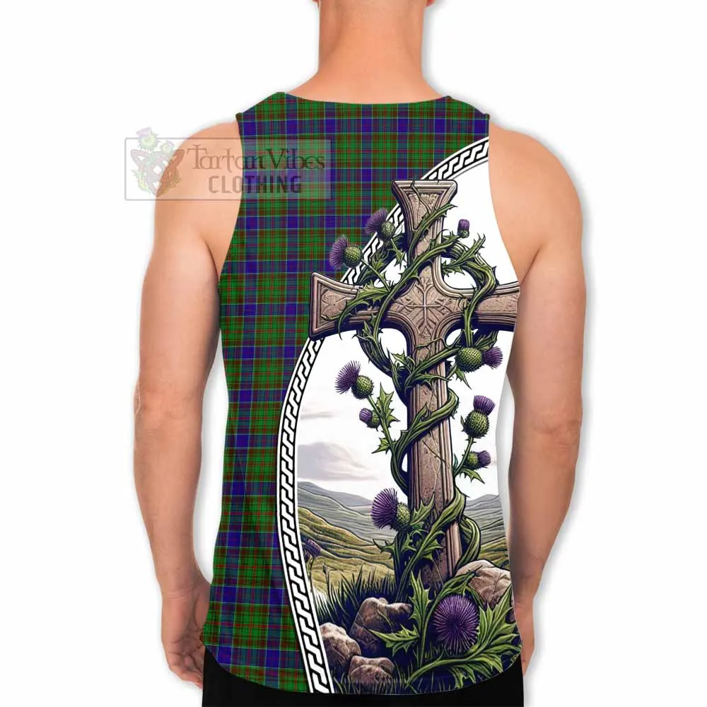 Adam Tartan Men's Tank Top with Family Crest and St. Andrew's Cross Accented by Thistle Vines