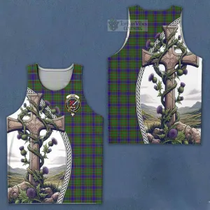 Adam Tartan Men's Tank Top with Family Crest and St. Andrew's Cross Accented by Thistle Vines