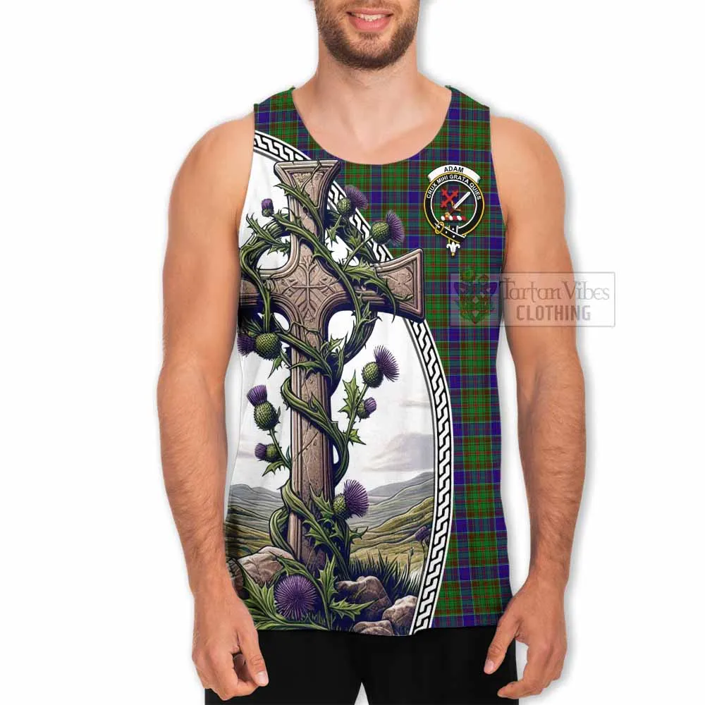 Adam Tartan Men's Tank Top with Family Crest and St. Andrew's Cross Accented by Thistle Vines