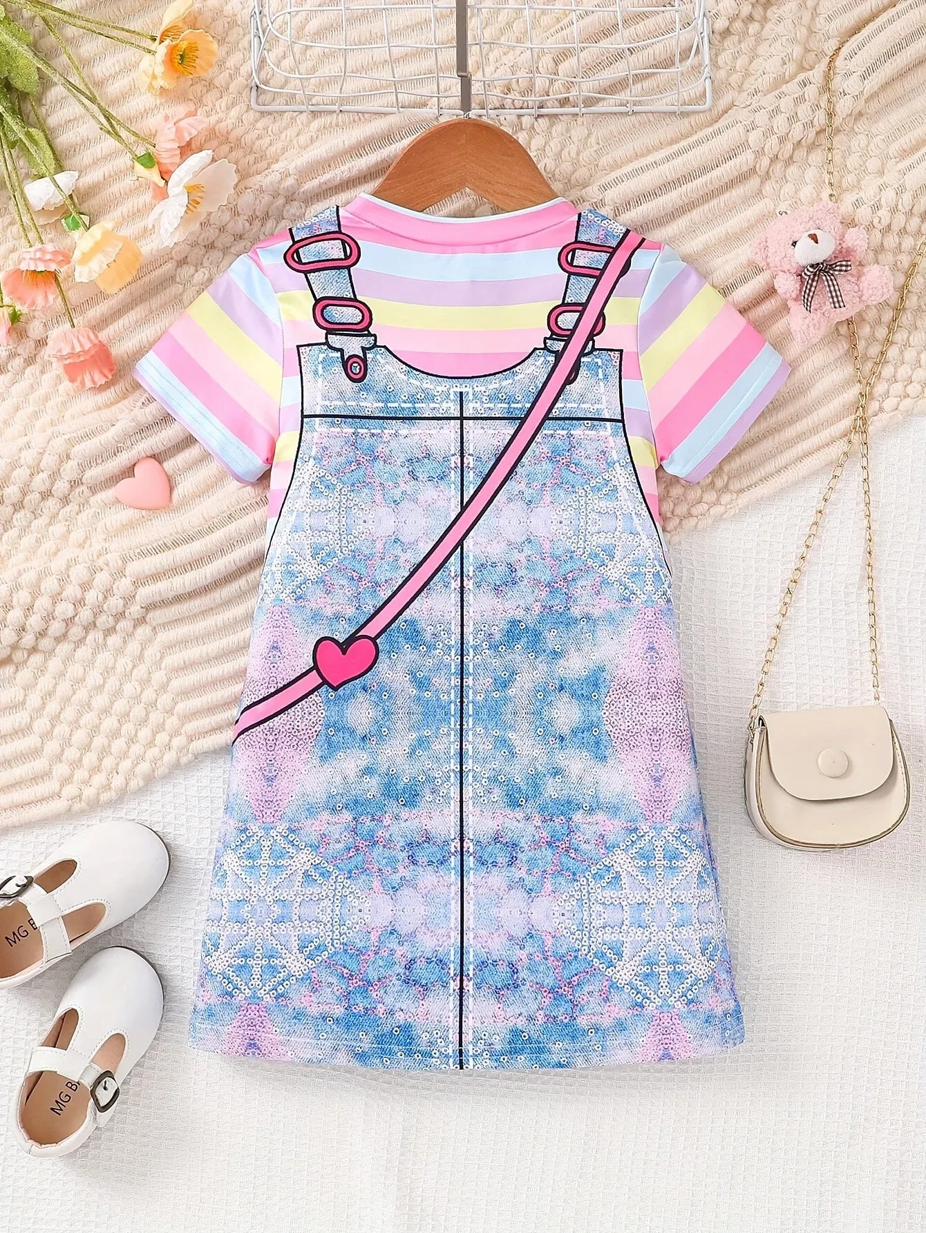 Adorable Bear Princess Print Girls Striped Short Sleeve T-Shirt Dress - Perfect for Summer Holidays & Casual Wear - A Fairy Tale Inspired Fashion for Little Girls