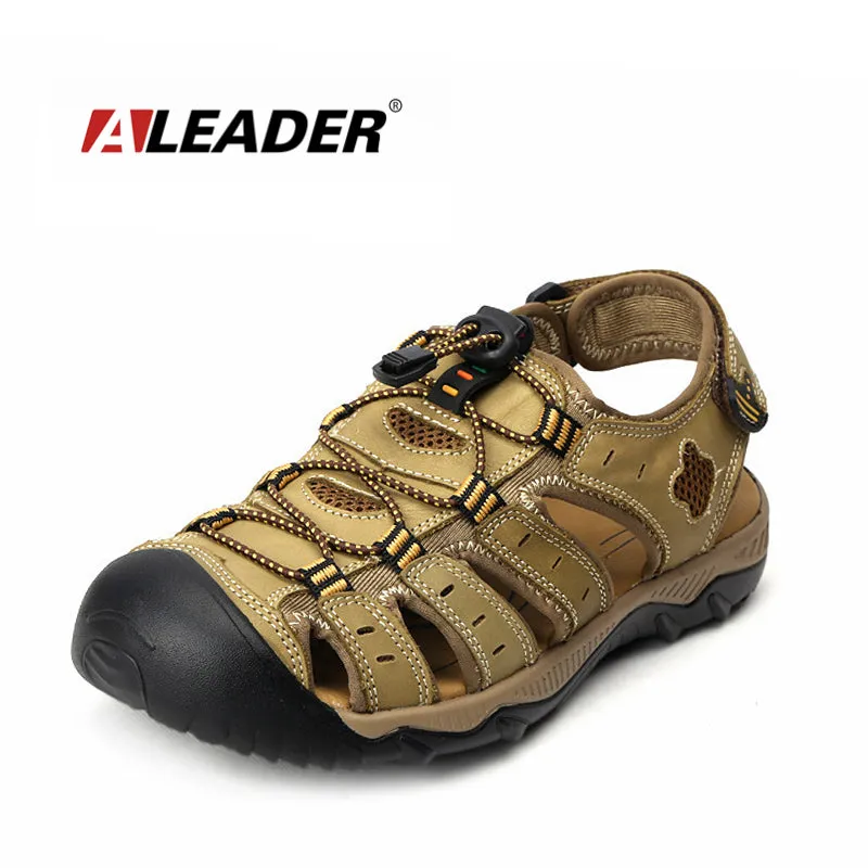 Aleader Mens Leather Outdoor Sandals New 2017 Summer Outdoor Shoes Sport Sandals Men Breathable Beach Slippers Leather Sandals