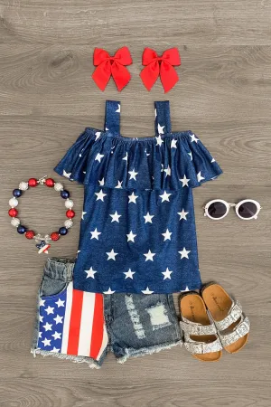 American Stars Cold Shoulder Denim Short Set