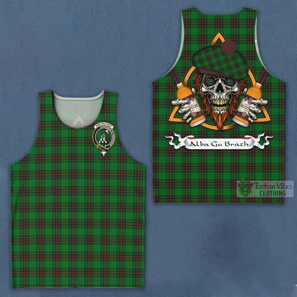 Anstruther Tartan Men's Tank Top with Family Crest and Bearded Skull Holding Bottles of Whiskey