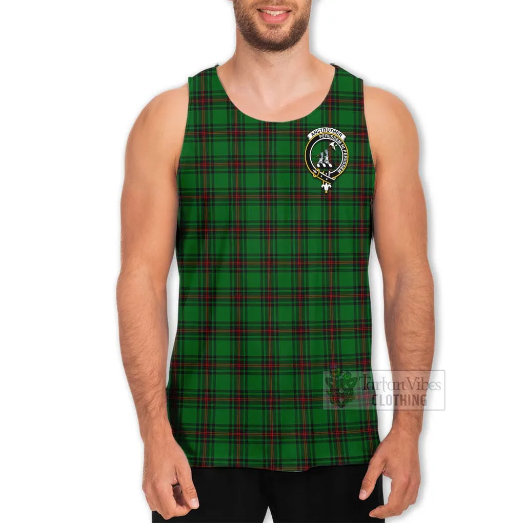 Anstruther Tartan Men's Tank Top with Family Crest and Bearded Skull Holding Bottles of Whiskey