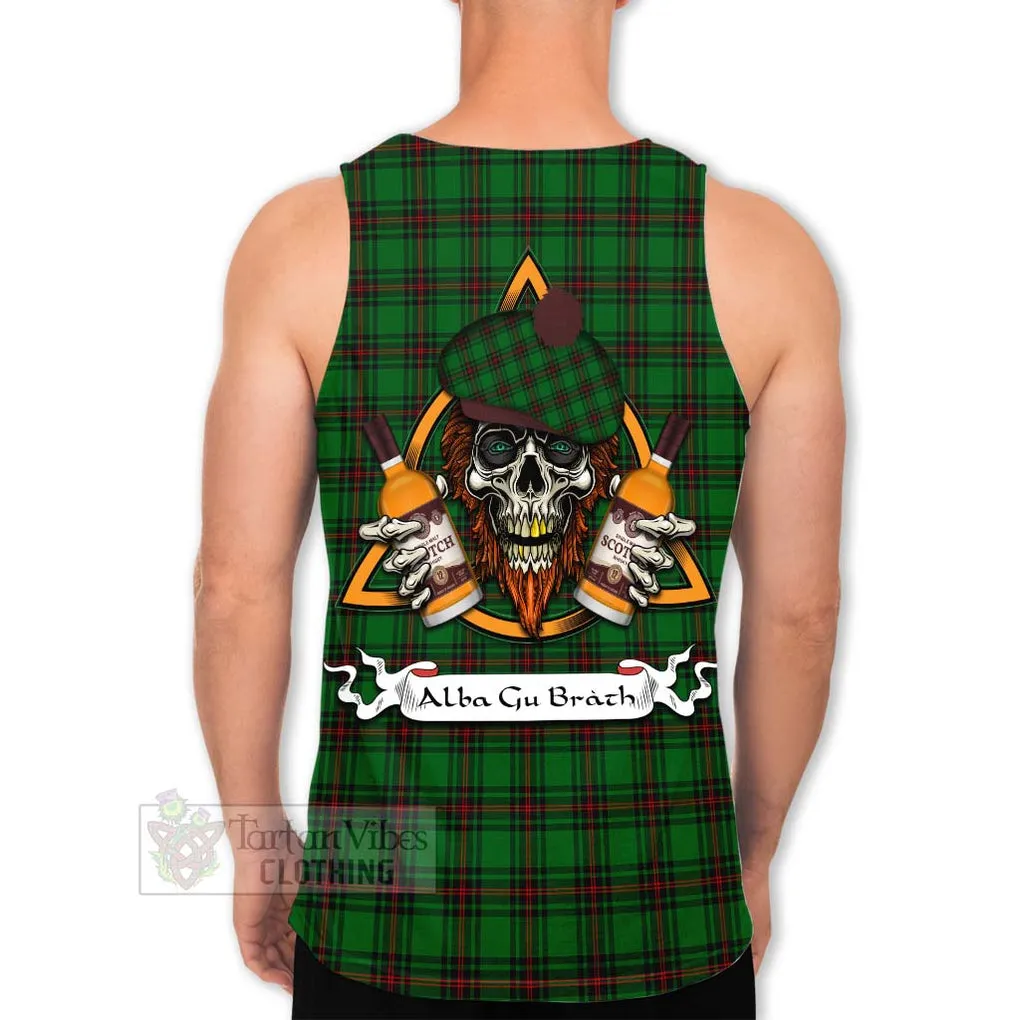 Anstruther Tartan Men's Tank Top with Family Crest and Bearded Skull Holding Bottles of Whiskey