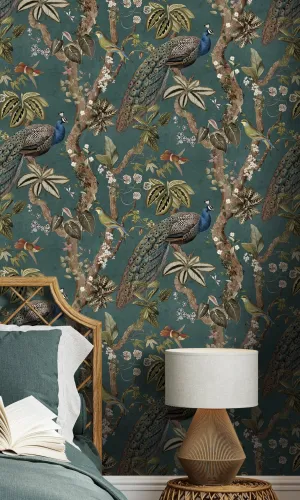 Aqua Climbing Peacock & Climbing Florals Tropical Wallpaper R8989