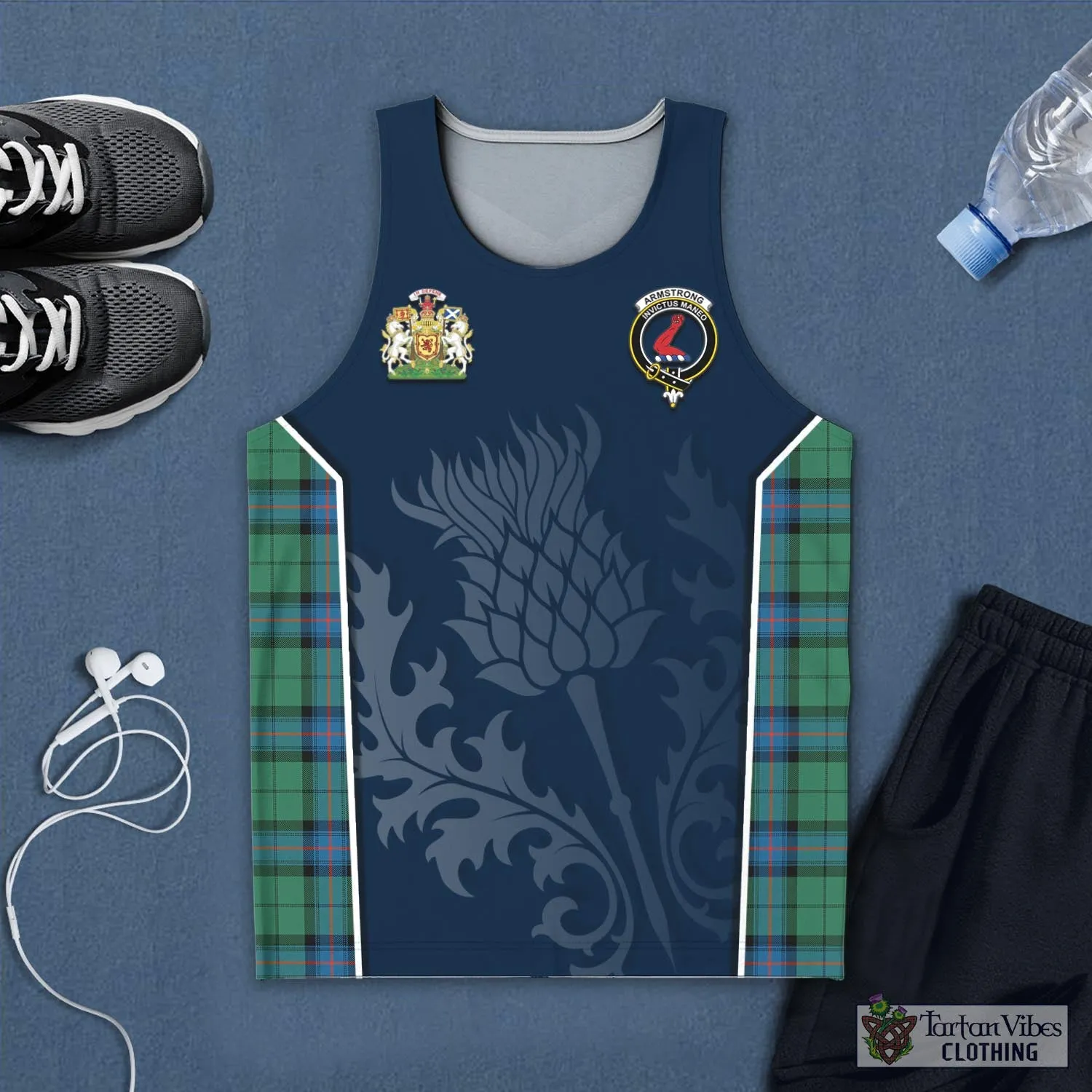 Armstrong Ancient Tartan Men's Tanks Top with Family Crest and Scottish Thistle Vibes Sport Style