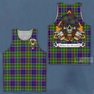 Arnott Tartan Men's Tank Top with Family Crest and Bearded Skull Holding Bottles of Whiskey