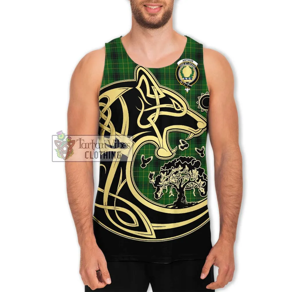 Arthur Highland Tartan Men's Tank Top with Family Crest Celtic Wolf Style