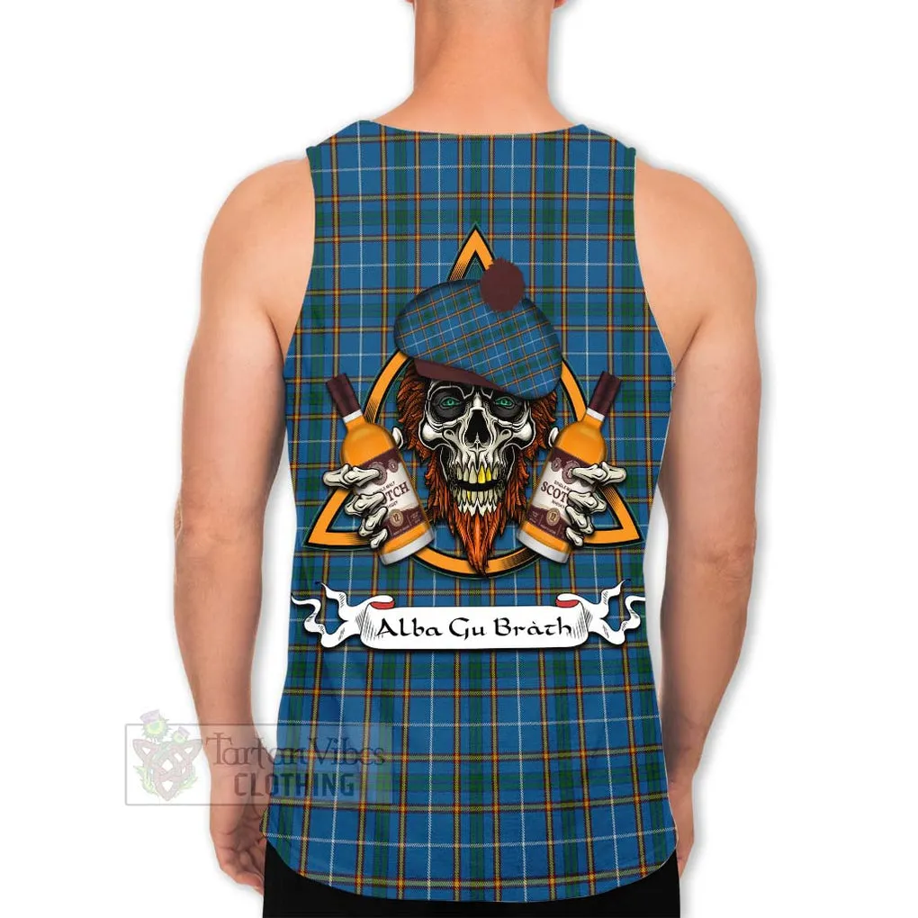 Bain Tartan Men's Tank Top with Family Crest and Bearded Skull Holding Bottles of Whiskey