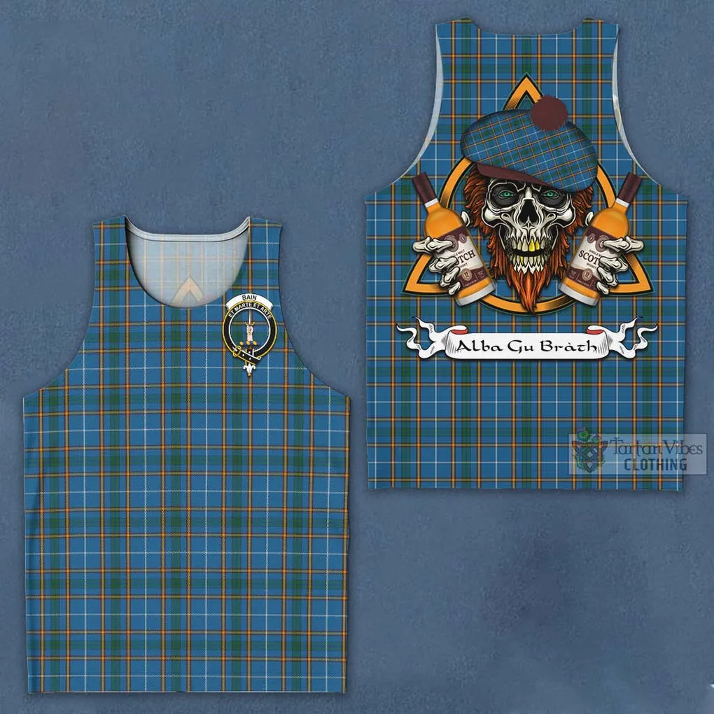 Bain Tartan Men's Tank Top with Family Crest and Bearded Skull Holding Bottles of Whiskey