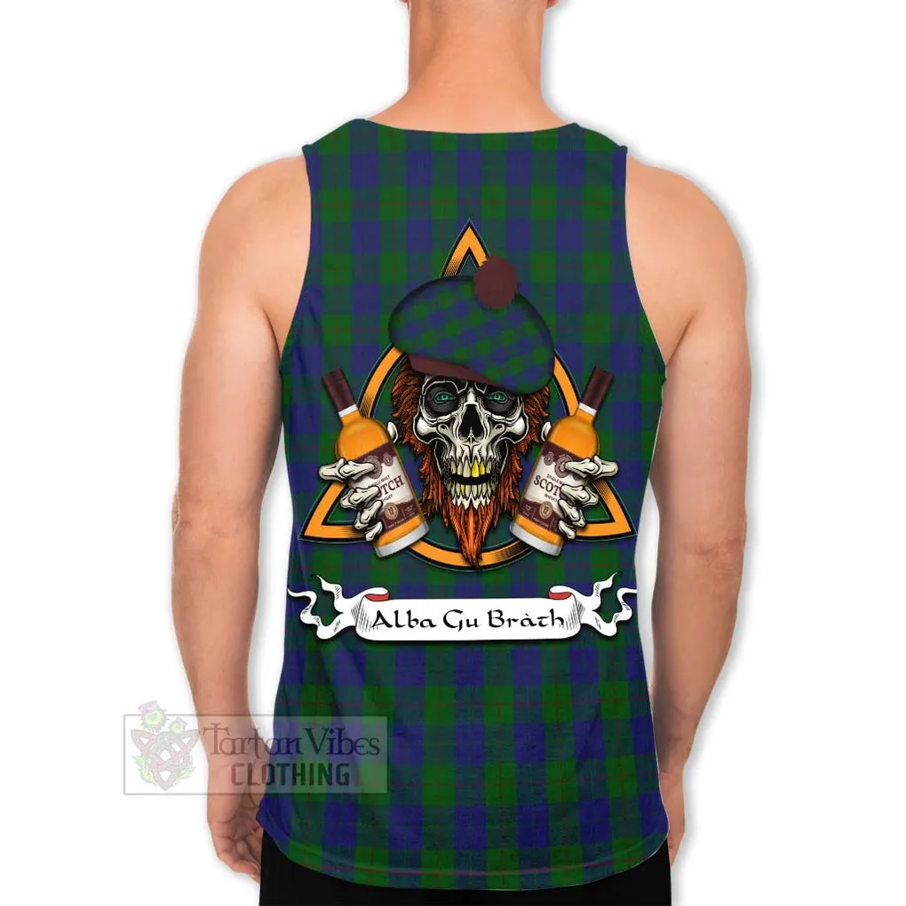 Barclay Tartan Men's Tank Top with Family Crest and Bearded Skull Holding Bottles of Whiskey