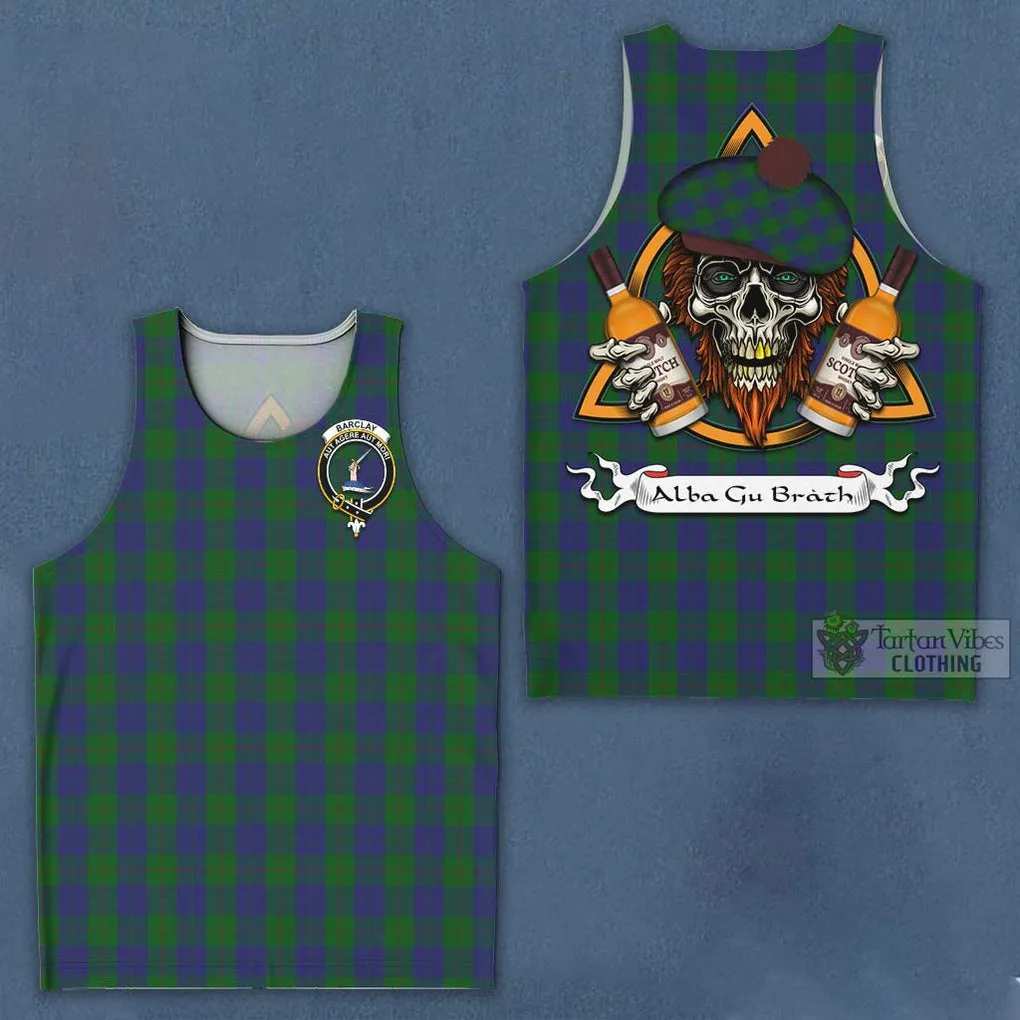 Barclay Tartan Men's Tank Top with Family Crest and Bearded Skull Holding Bottles of Whiskey