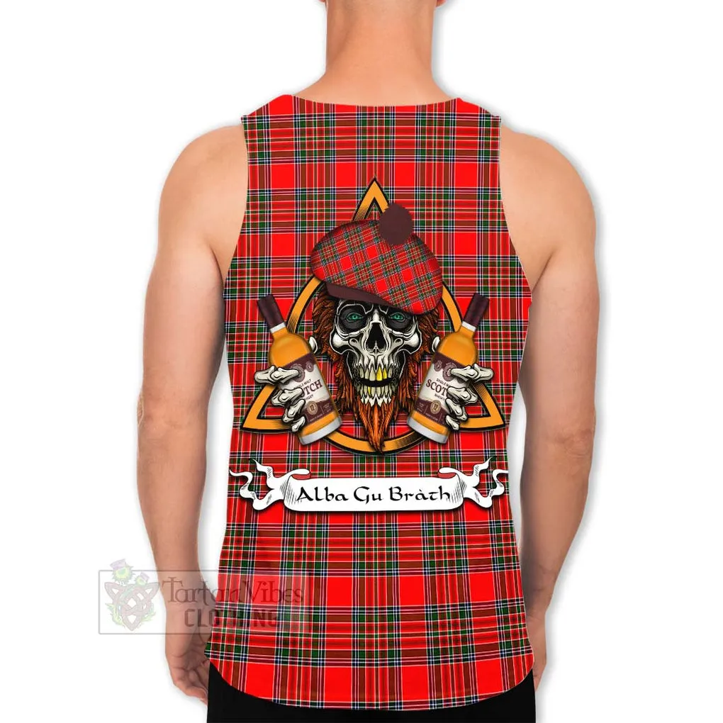 Binning Tartan Men's Tank Top with Family Crest and Bearded Skull Holding Bottles of Whiskey