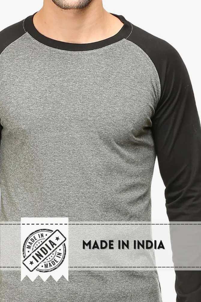 Black Charcoal Melange Raglan Sleeve T-shirt for men