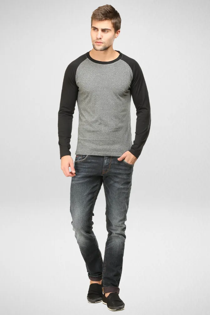 Black Charcoal Melange Raglan Sleeve T-shirt for men