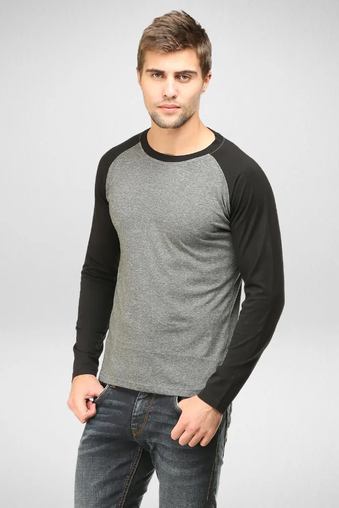 Black Charcoal Melange Raglan Sleeve T-shirt for men