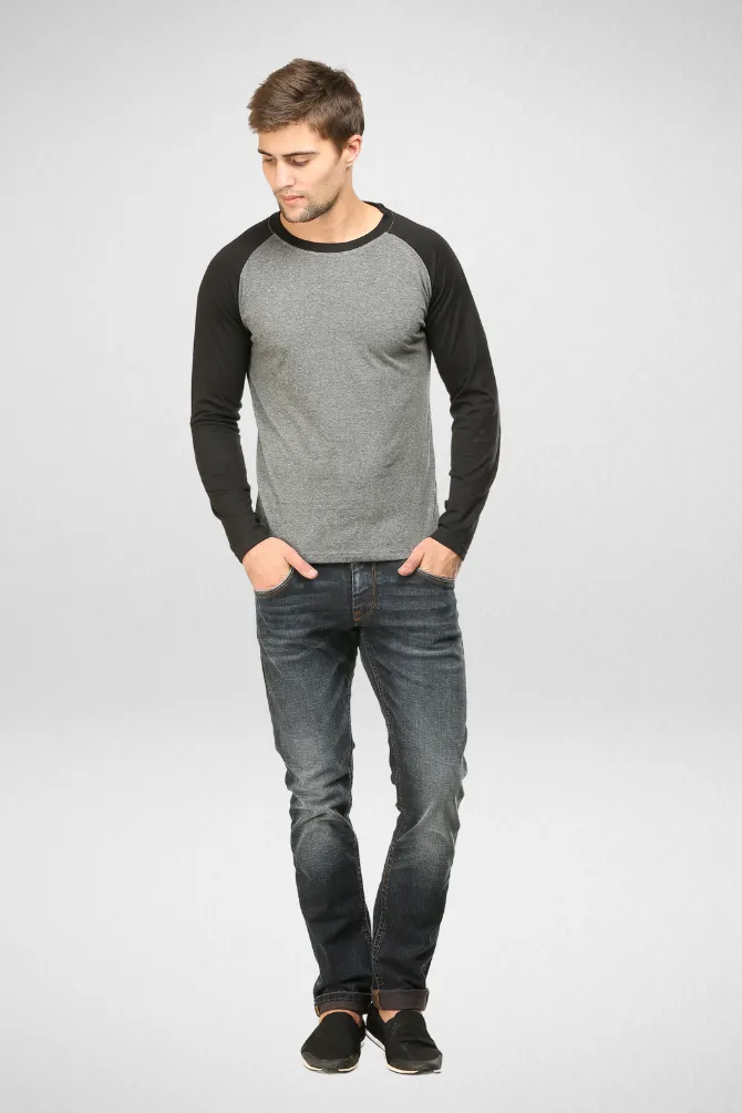 Black Charcoal Melange Raglan Sleeve T-shirt for men