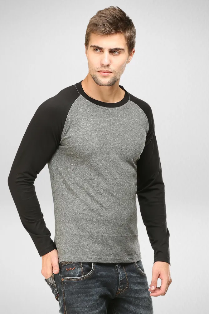 Black Charcoal Melange Raglan Sleeve T-shirt for men