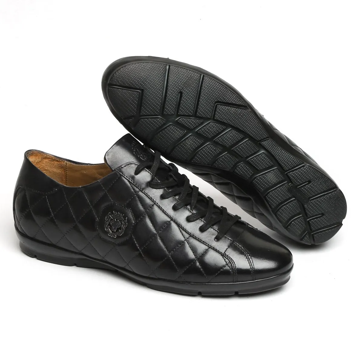 Black Diamond Stitched Leather Sneakers With Metal Lion Lace-Up Closure