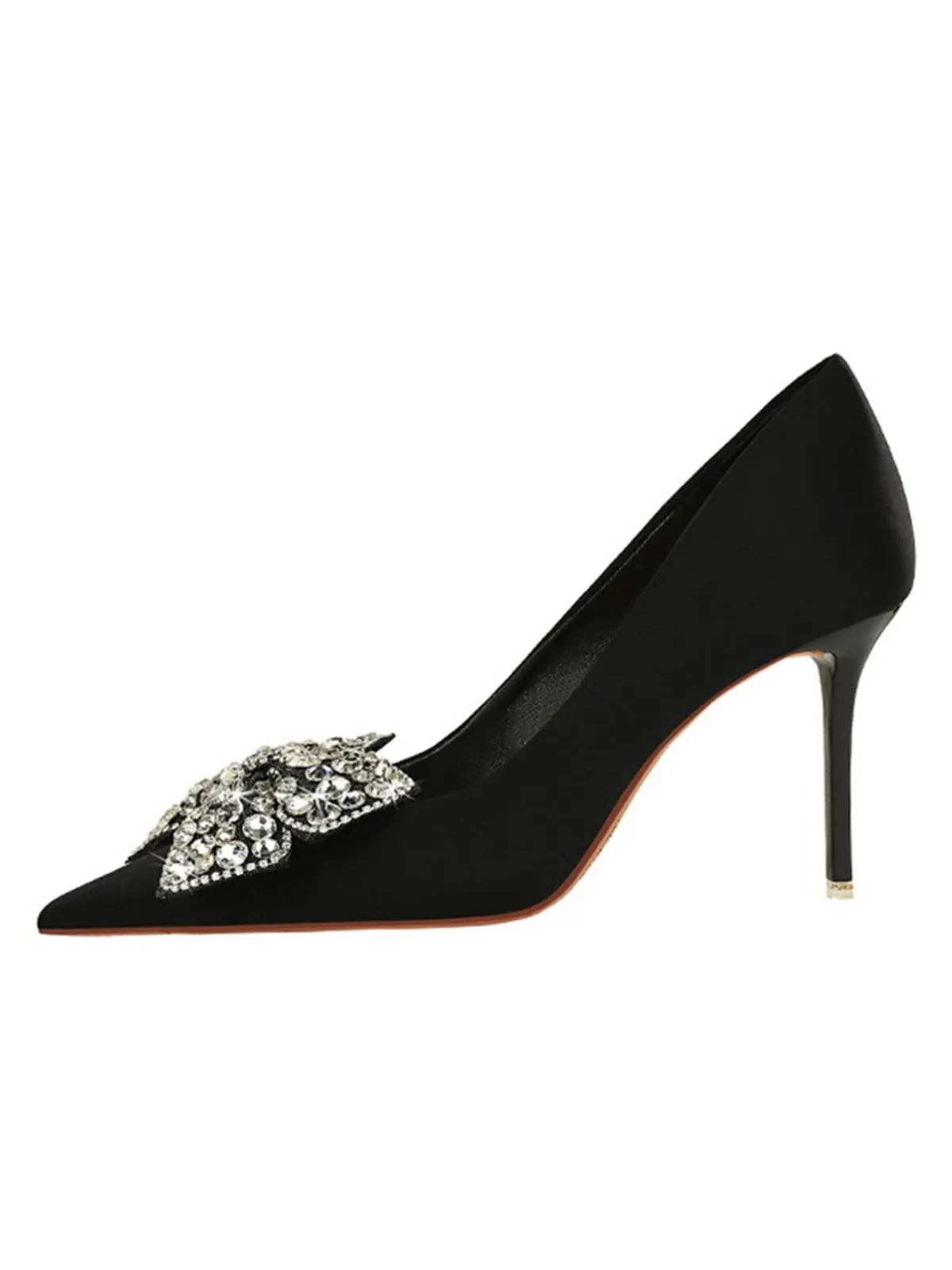 Black Rhinestone Satin Pointed Toe Stiletto Heels