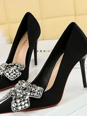 Black Rhinestone Satin Pointed Toe Stiletto Heels