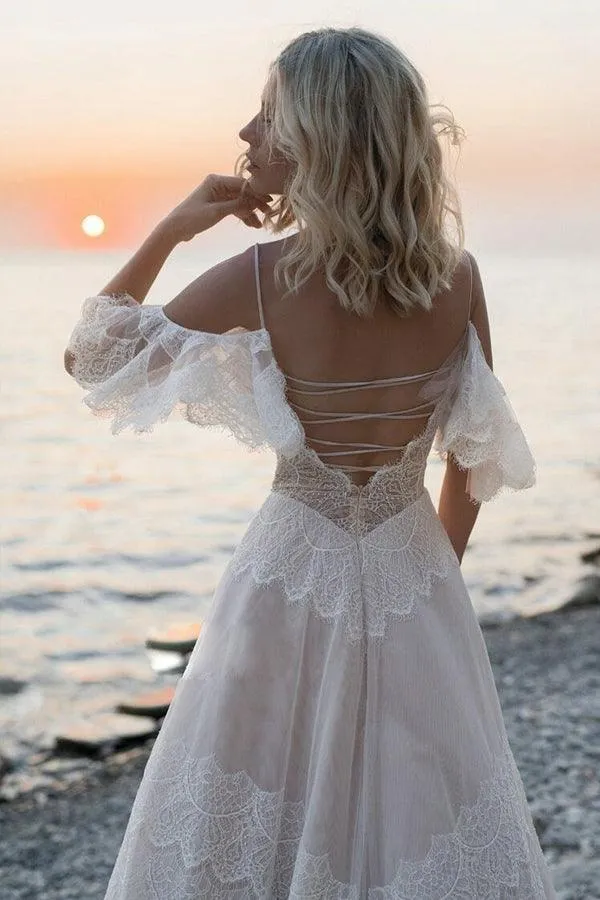 Bohemian Straps Off Shoulder Charming Lace Beach Wedding Dresses  WD557