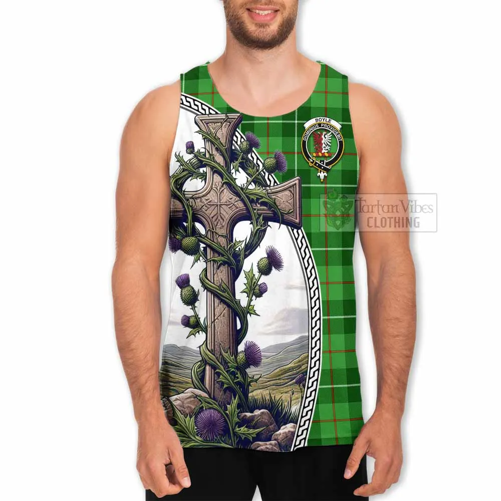 Boyle Tartan Men's Tank Top with Family Crest and St. Andrew's Cross Accented by Thistle Vines