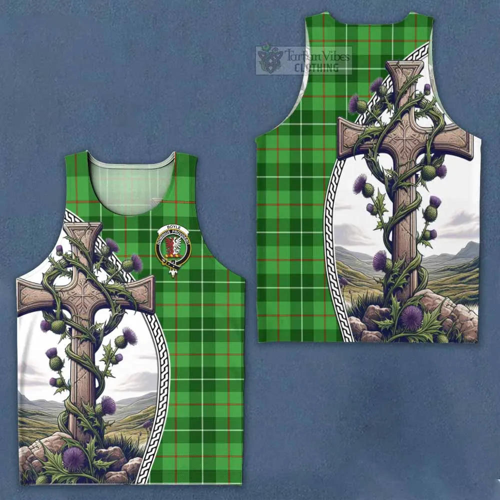 Boyle Tartan Men's Tank Top with Family Crest and St. Andrew's Cross Accented by Thistle Vines