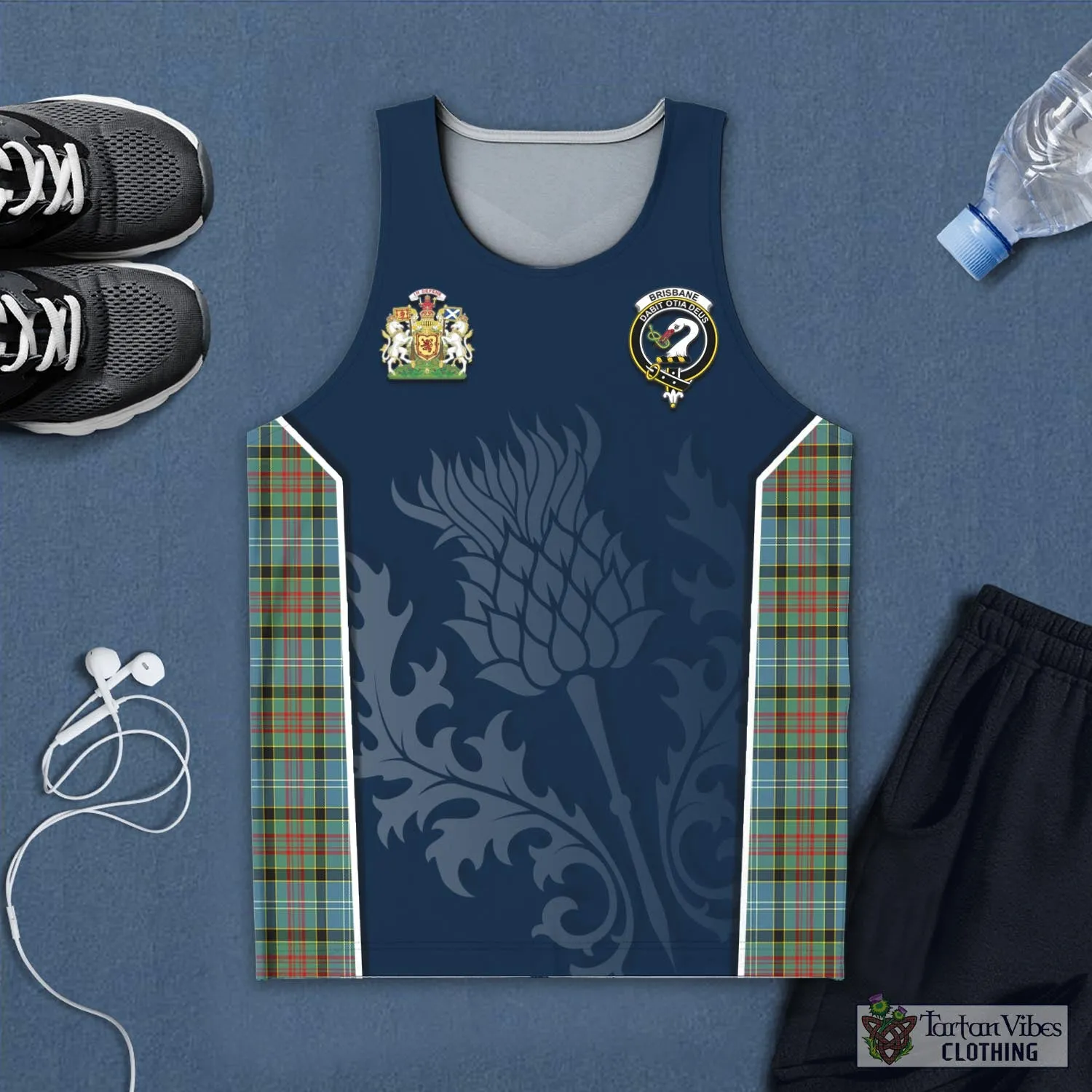 Brisbane Tartan Men's Tanks Top with Family Crest and Scottish Thistle Vibes Sport Style