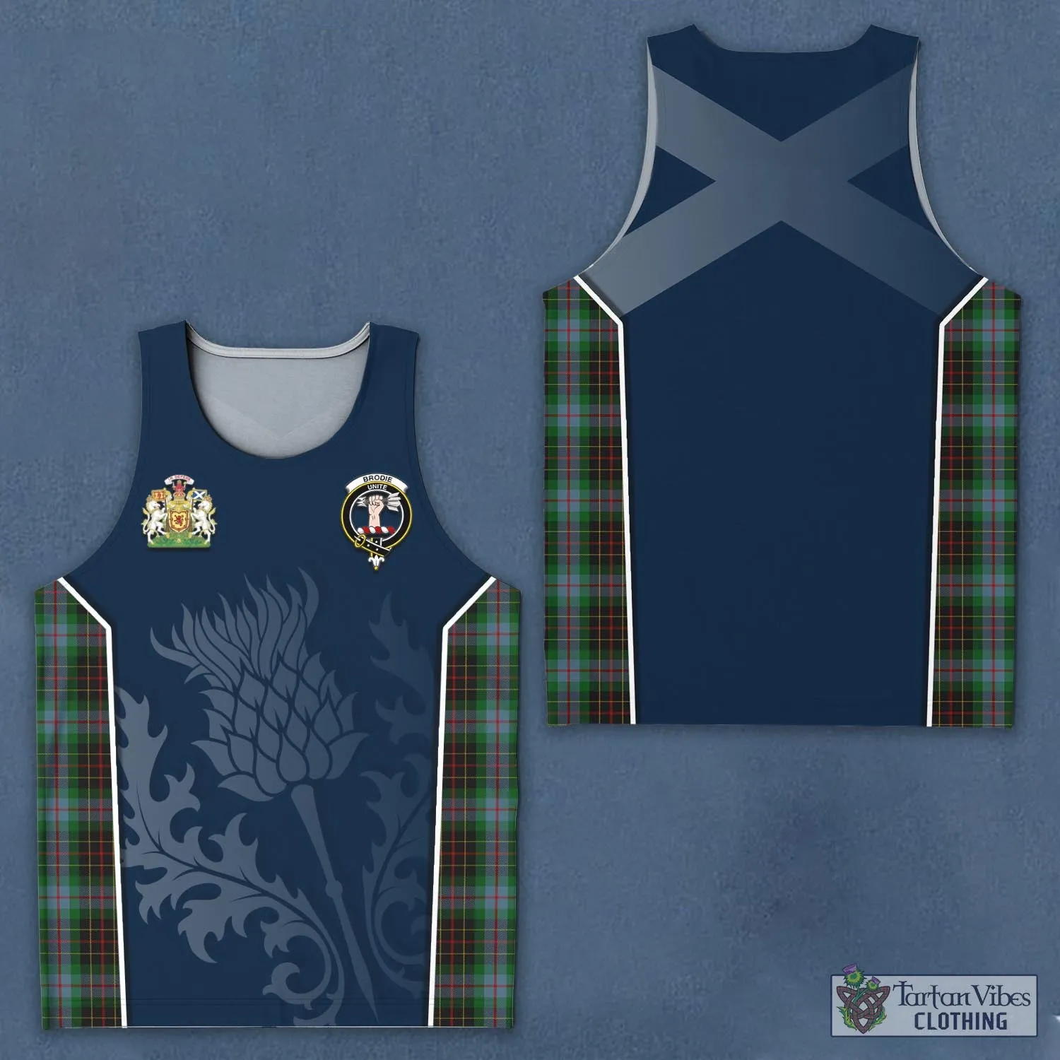 Brodie Hunting Tartan Men's Tanks Top with Family Crest and Scottish Thistle Vibes Sport Style