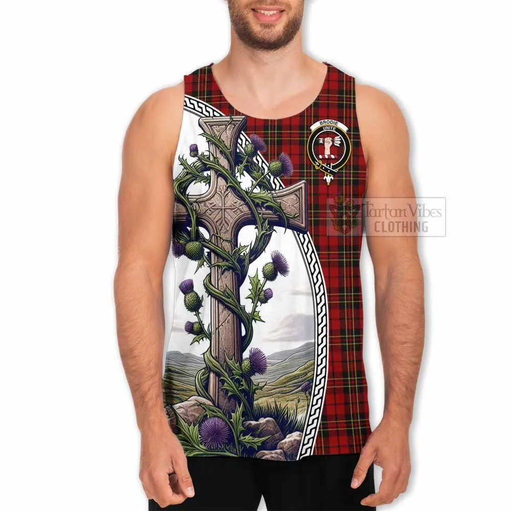 Brodie Tartan Men's Tank Top with Family Crest and St. Andrew's Cross Accented by Thistle Vines