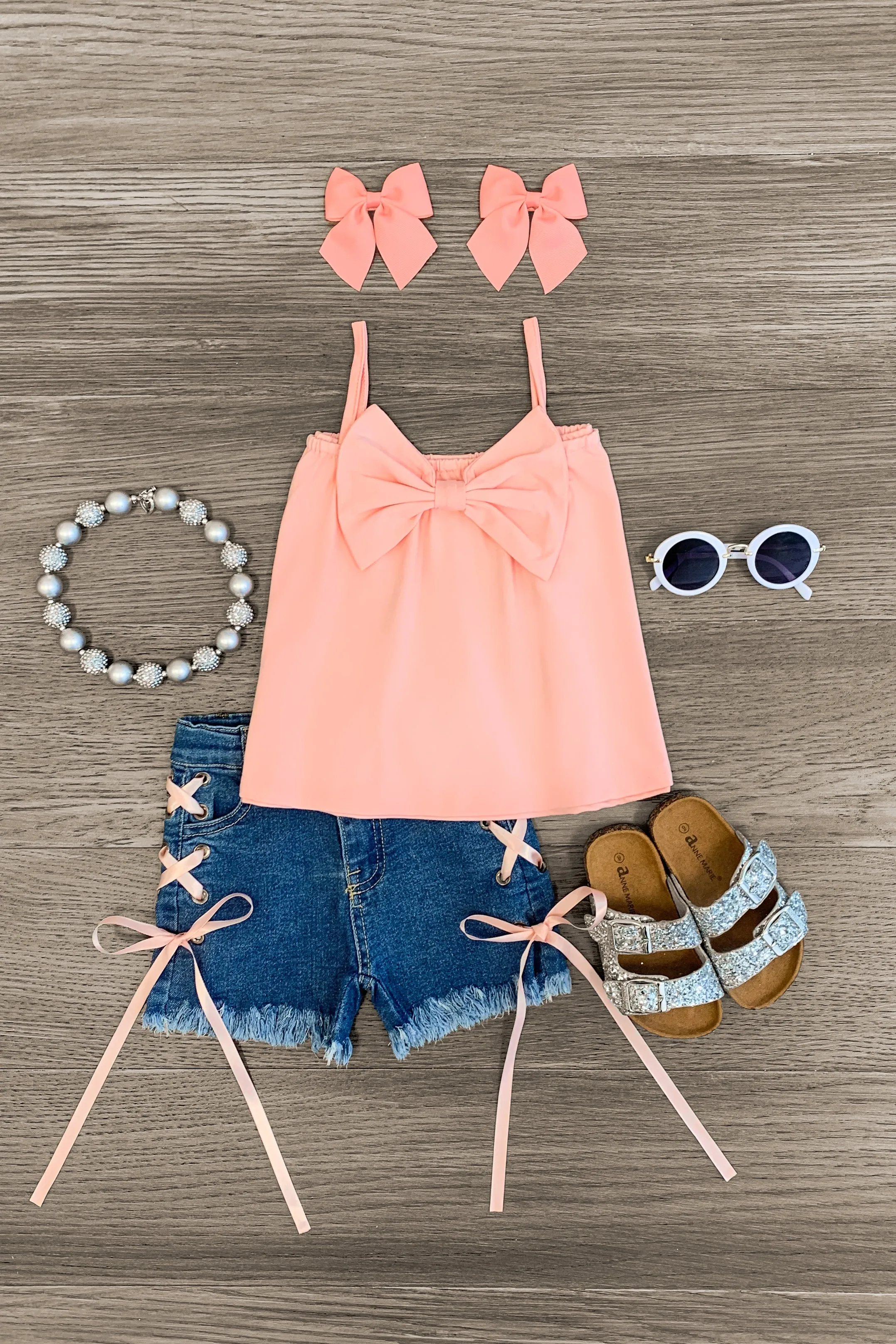 Coral Bow Lace Up Denim Short Set