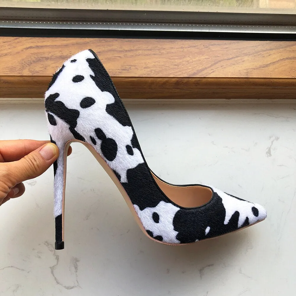 Cow Print Hairy Flock Stiletto Pumps in White