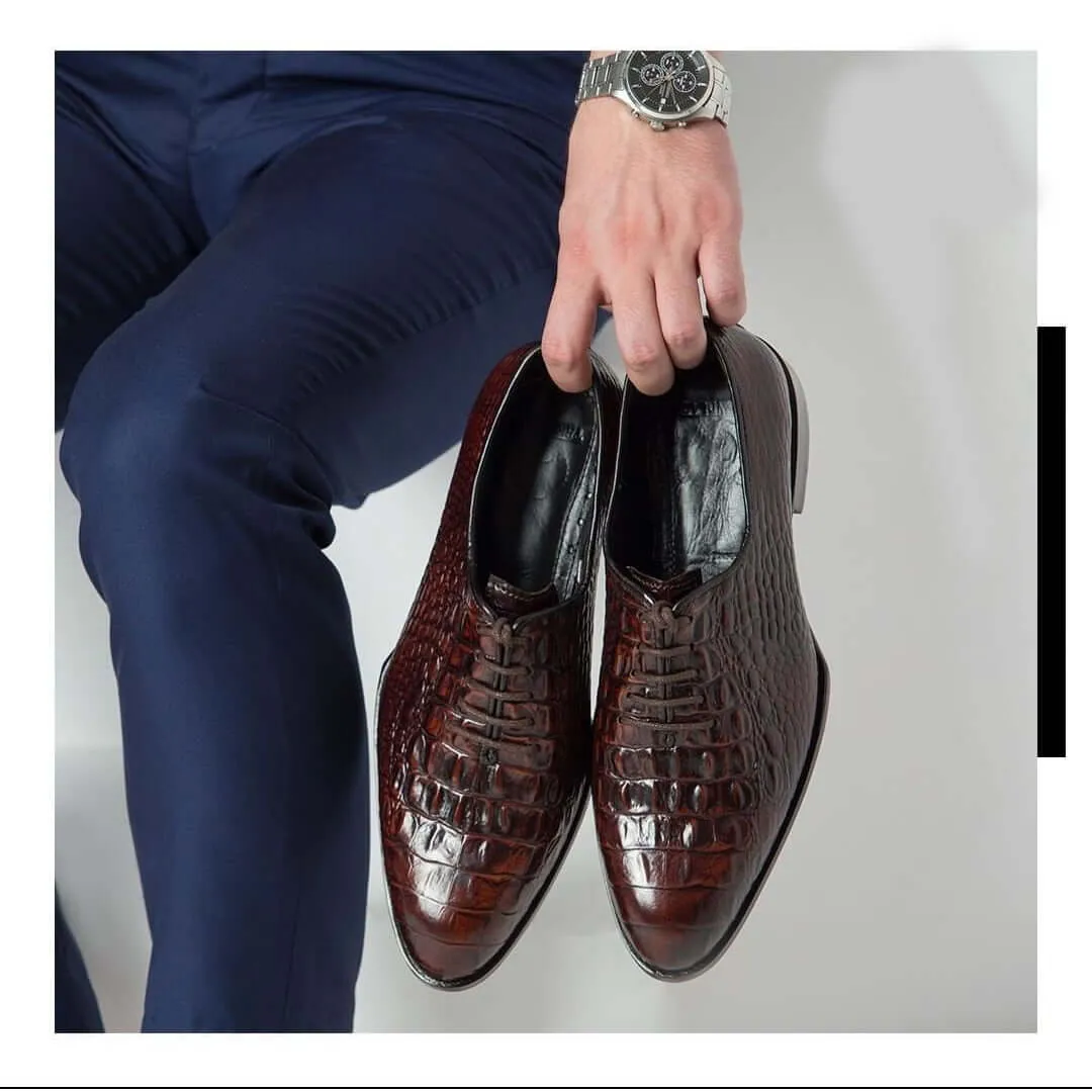 Crocodile Print Leather Shoes, Oxford Whole Cut shoes, Men Brown Shoes