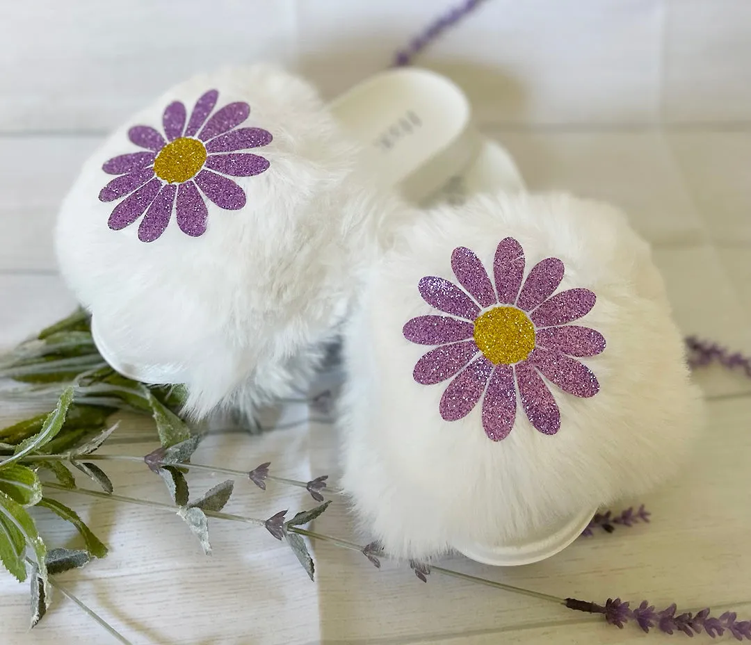 Daisy slippers/ Mom slippers /Flexible slip on open toe style/daisy flower fur furry slide